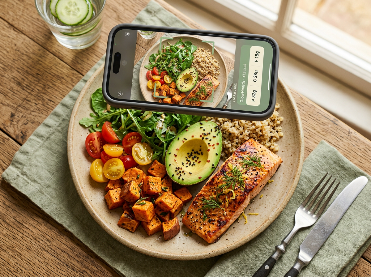 A healthy salmon, avocado and quinoa bowl with a phone scanning it and showing 412 kcal.