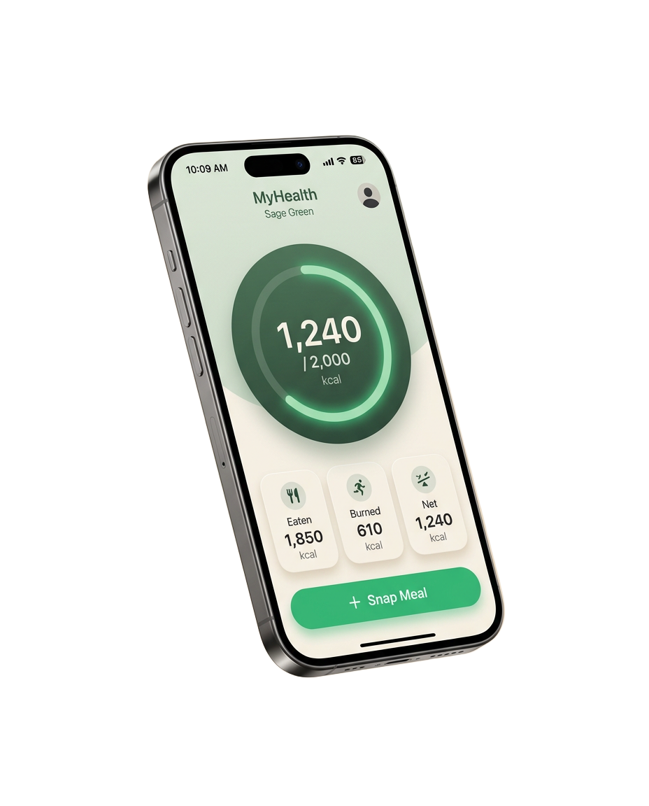 FitnessFridge app on iPhone showing the daily calorie ring and Snap Meal button